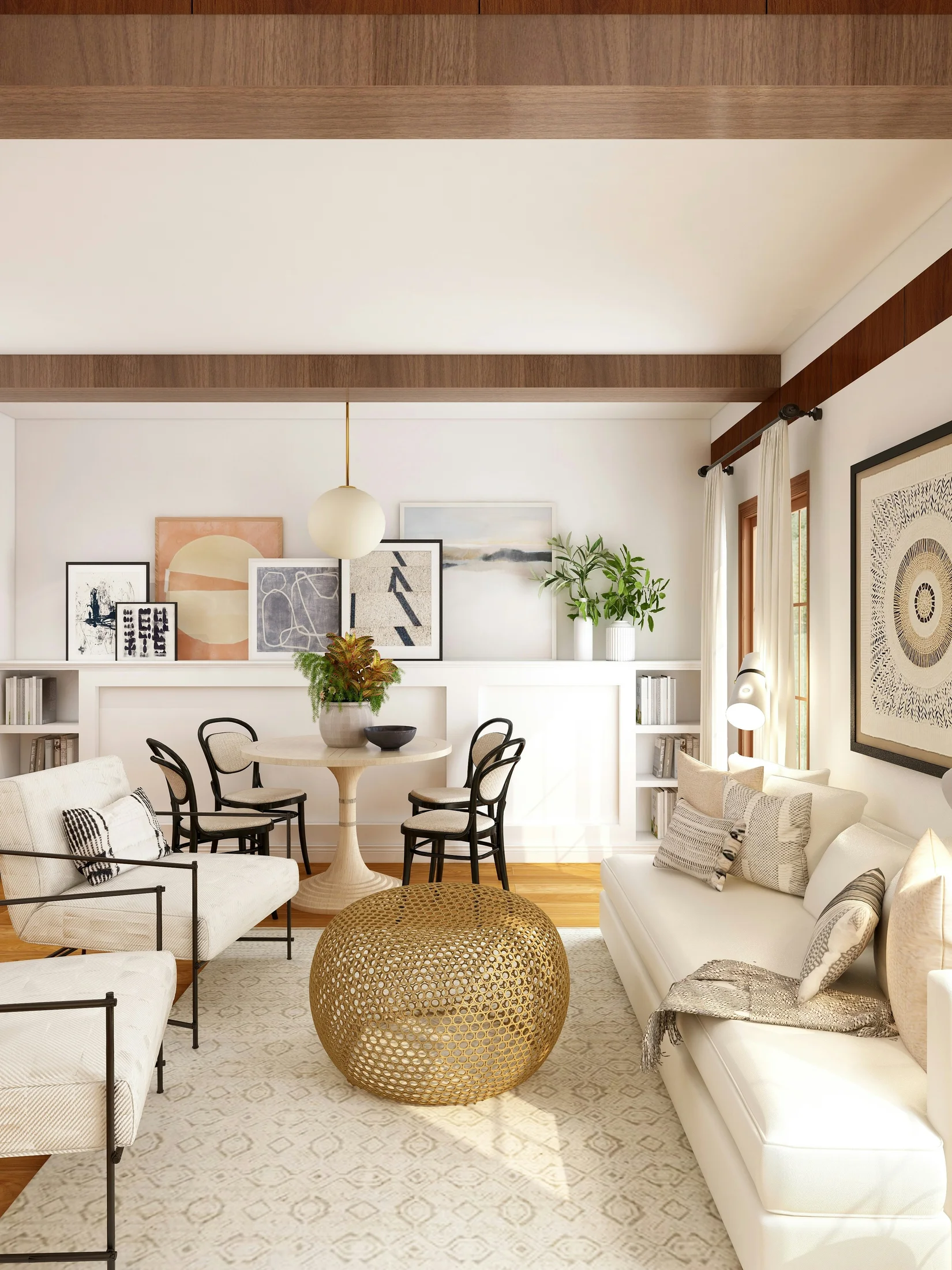 A living room with timber beams, a white sofa and a gold woven pouf